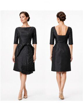 50s 60s Black Cocktail Dress Fringe Sash Low Back XS Audrey Style